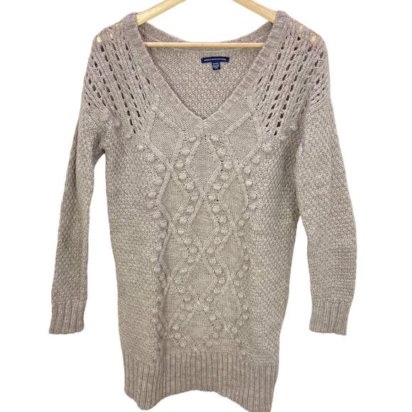 American Eagle Tunic Sweater Size S Bobble Neutral Taupe Beige V Neck - Picture 1 of 10